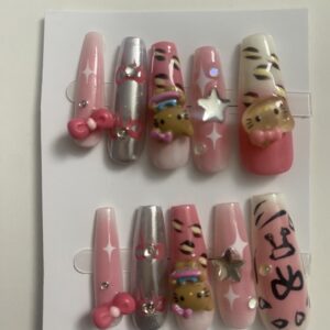 Extra small long Pink leopard hello kitty nails